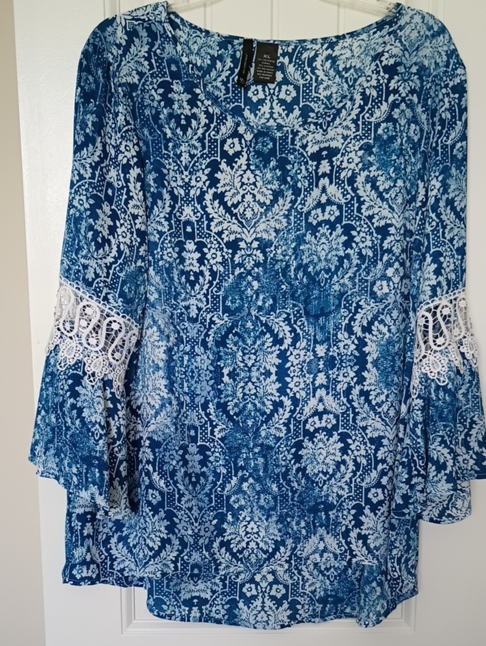 New Directions Blue Damask Lace-Trim Blouse